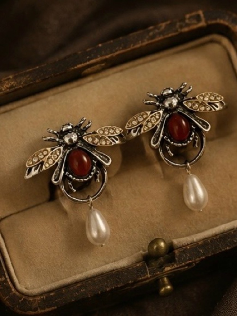 Vintage Crimson Bee Pearl Drop Earrings